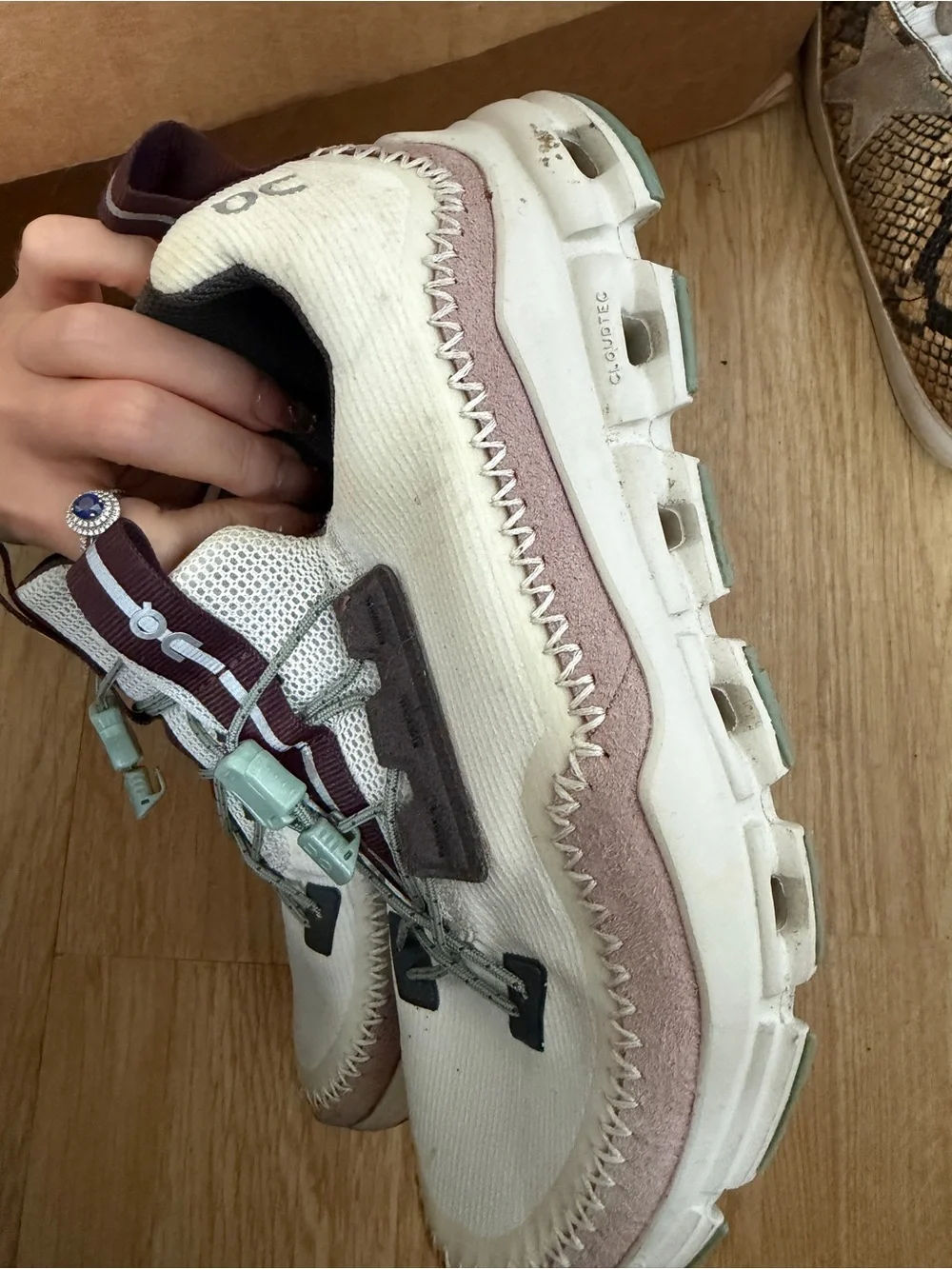 On Running Cloudaway Women's White and Burgundy Athletic Shoes